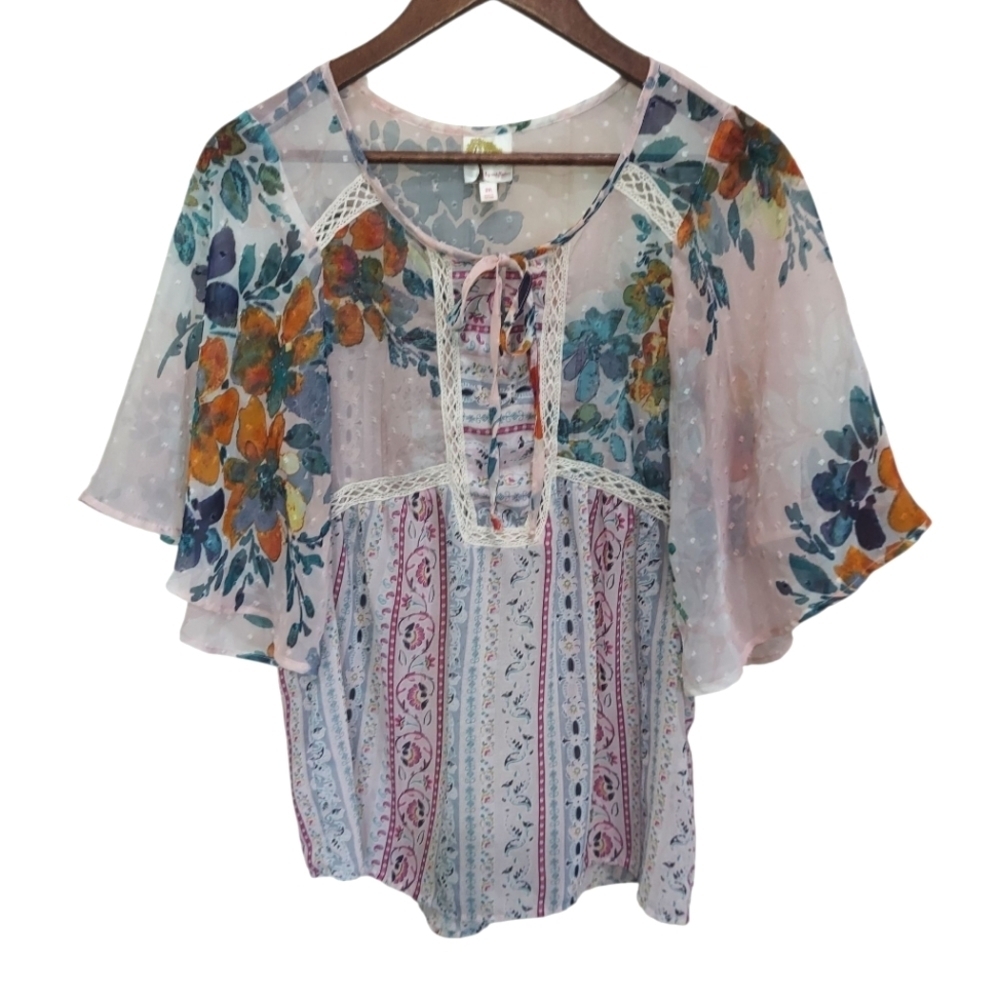 Fig and Flower Floral Chiffon Peasant Top/Tunic